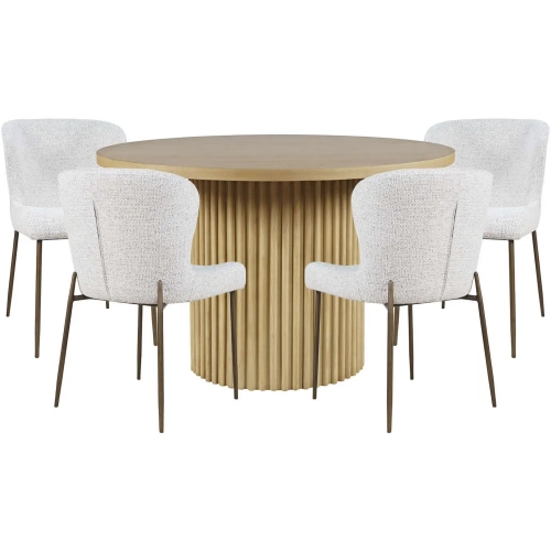 Auden 5 Piece Dining Set in Natural Brown Wood, Gray Fabric & Brass